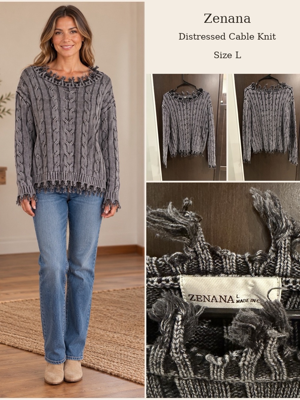 Zenana Outfitters Distressed Cable Knit Sweater in Gray